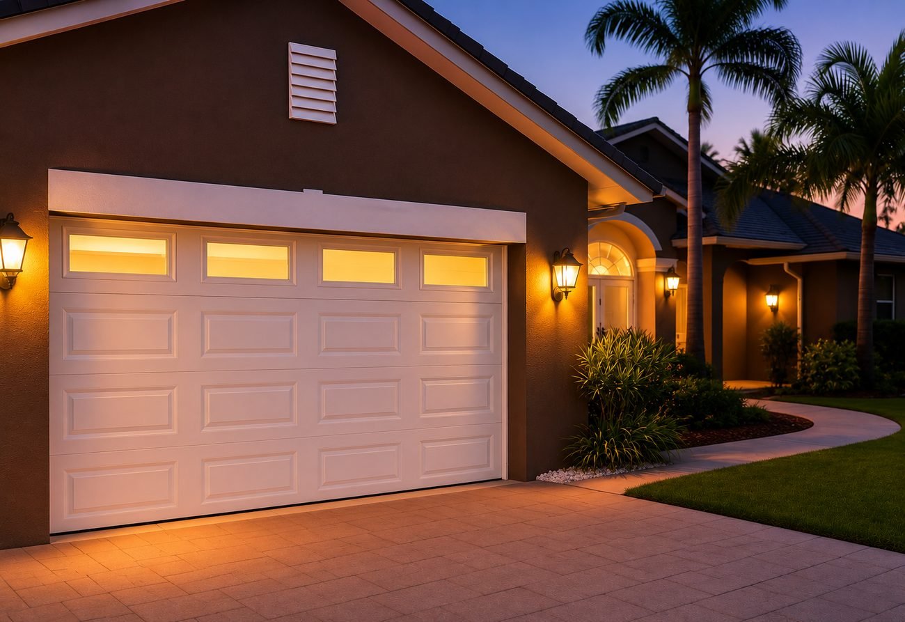 Closed garage door on a Florida home at dusk, ready for storm season